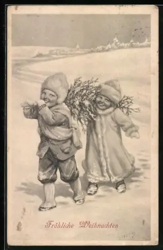 Künstler-AK Karl Feiertag: Zwei Kinder tragen einen kleinen Weihnachtsbaum durch eine schneebedeckte Landschaft