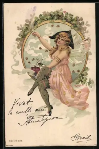 Künstler-AK R. Kratky: Frau mit Feenflügeln und Dreispitz umgeben von Kleeblättern