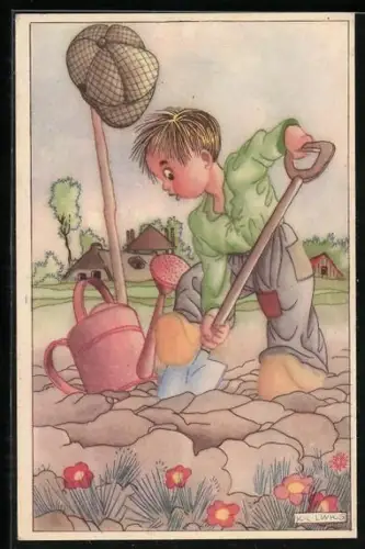 Künstler-AK Karel L. Links: Mann in Holzschuhen bei der Gartenarbeit