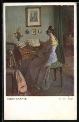 Künstler-AK Robert Scheffer: Elegante Dame sitzt am Klavier, Es war einmal