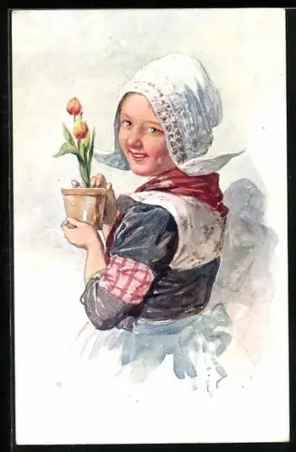 Künstler-AK Karl Feiertag: Mädchen mit Haube und Blumenvase