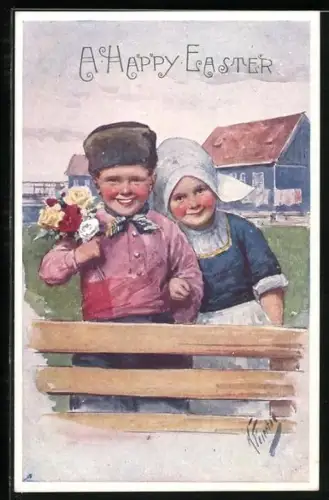 Künstler-AK Karl Feiertag: Mädchen mit Kopfhaube und Junge mit Fellmütze mit Rosen