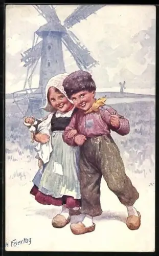 Künstler-AK Karl Feiertag: holländische Kinder gehen mit einer Puppe spazieren, Windmühle