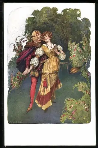 Künstler-AK T. Welzl: Junges Paar im Park, von Blumen umgeben
