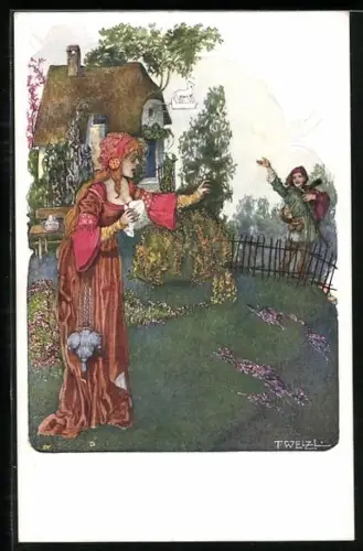 Künstler-AK T. Welzl: Hübsche junge Frau verabschiedet einen adretten Mann