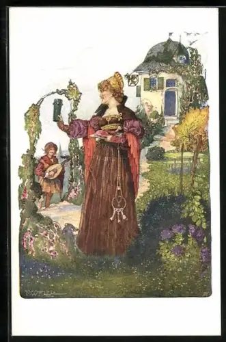 Künstler-AK T. Welzl: Dame steht vor einem Gartenhaus und wird von einem Barden mit Laute bespielt