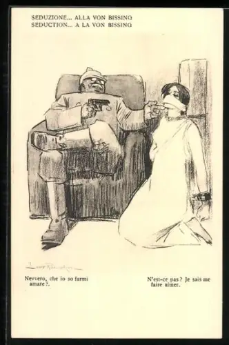 Künstler-AK Louis Raemaekers: Moritz von Bissing verführt eine gefesselte Frau mit vorgehaltener Pistole