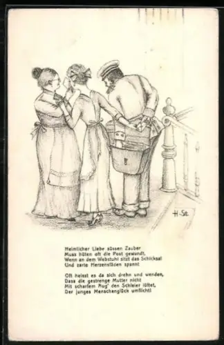 Künstler-AK H. Starkloff: Eine junge Frau bekommt vom Postboten heimlich einen Brief überreicht