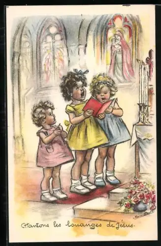 Künstler-AK Germaine Bouret: Kleine Mädchen singen in der Kirche