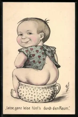 Künstler-AK Willi Scheuermann: Kleinkind sitzt auf dem Pott und verrichtet sein Geschäft