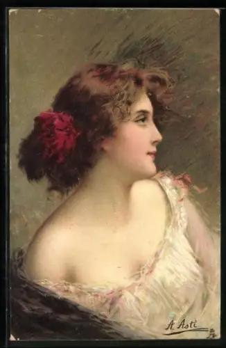 Künstler-AK A. Asti: Junge Dame mit Rose im Haar und süssem Oberteil