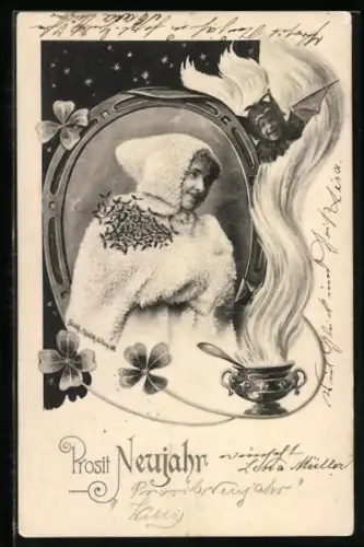 Künstler-AK Charles Scolik: Frau im Wintermantel, umgeben von einem kleebedeckten Hufeisen und einem Fledermauskind