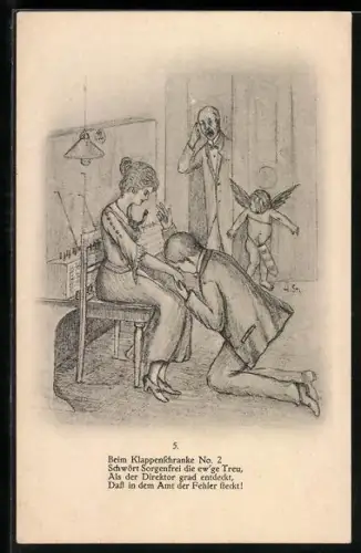 Künstler-AK H. Starkloff: Mann macht einen Heiratsantrag vor aufgewühltem Direktor und verstecktem Amor