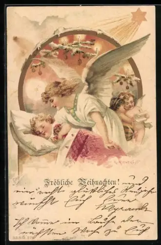 Künstler-Lithographie R. Kratky: Weihnachtsengel bei schlafendem Kind