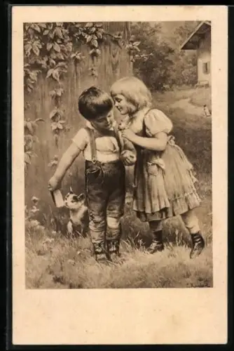 Künstler-AK Carl Reichert: Mädchen überreicht einem Jungen in Tracht eine Blume, Katze im Hintergrund