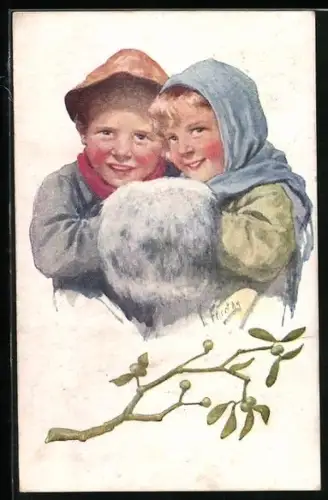Künstler-AK Karl Feiertag: Zwei junge Kinder in Winterkleidung über einem Mistelzweig