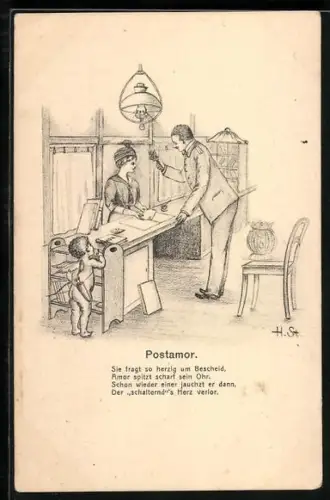 Künstler-AK H. Starkloff: Mann reicht Frau am Postschalter eine Blume