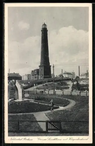 AK Borkum, Grosser Leuchtturm mit Kriegerdenkmal