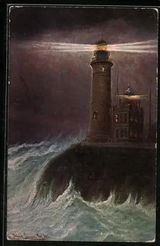 Künstler-AK Arkona / Rügen, Leuchtturm bei Nacht