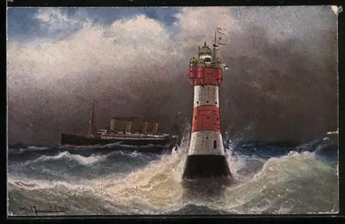 Künstler-AK Rotesand-Leuchtturm und Passagierschiff