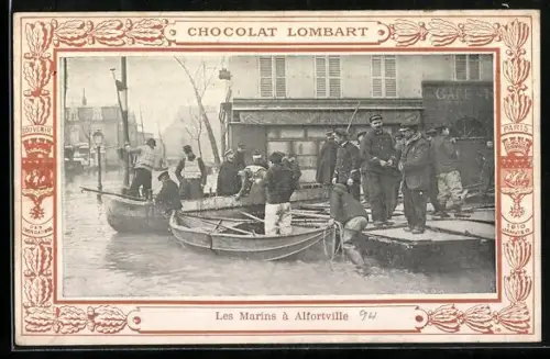 AK Hochwasser, Les Marins a Alfortville, Männer besteigen ein Boot