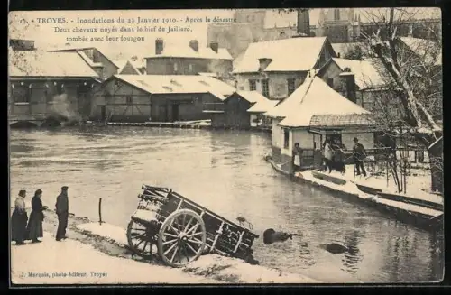 AK Troyes, Inondations du 22 Janvier 1910, Après le désastre, Deux chevaux noyés le bief de jaillard