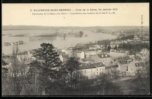 AK Villeneuve-Saint-Georges, Crue de la Seine, Panorama vers Paris