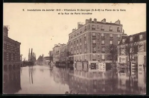 AK Villeneuve-St-Georges, La Place de la Gare et la Rue de Paris inondées