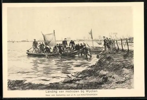 Künstler-AK Wijchen, Landing van matrozen, Watersnood 1926