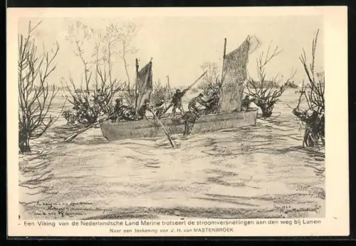 AK Watersnood 1926, Een Viking van de Nederlandsche Land Marine trotseert de stroomversnellingen