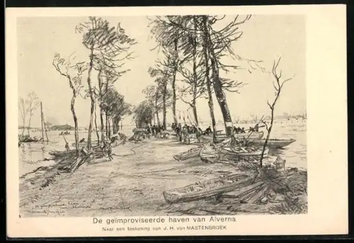 AK Watersnood 1926, de geimproviseerde haven van Alverna, Boote haben an Land angelegt