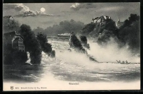 AK Rheinfall, Rhein bei Nacht, Eisenbahn auf Brücke