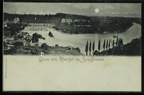 Mondschein-AK Schaffhausen, Teilansicht des Ortes und Blick auf den Rheinfall
