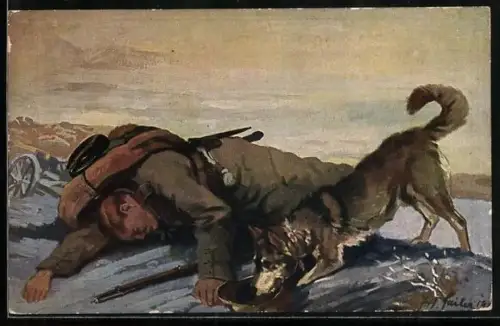 Künstler-AK Sanitätshund findet einen verwundeten Soldaten