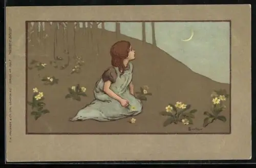 Künstler-AK S. Barham: Junges Mädchen sitzt auf einer Wiese und betrachtet den Sichelmond