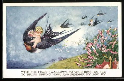 Künstler-AK Millicent Sowerby: Kinder fliegen auf Schwalben durch die Lüfte