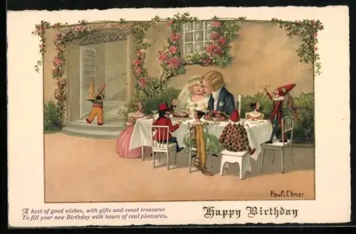 Künstler-AK Pauli Ebner: Puppenhochzeit, Junge und Mädchen am Hochzeitstisch