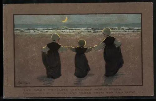 Künstler-AK S. Barham: Kinder nachts am Strand