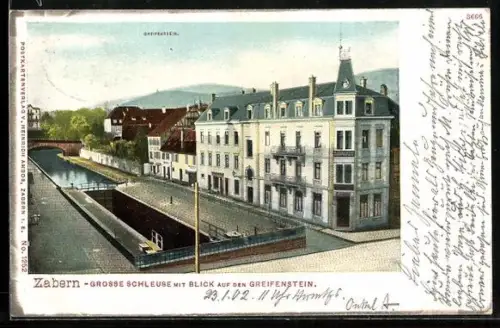 AK Zabern, Grosse Schleuse mit Blick auf den Greifenstein