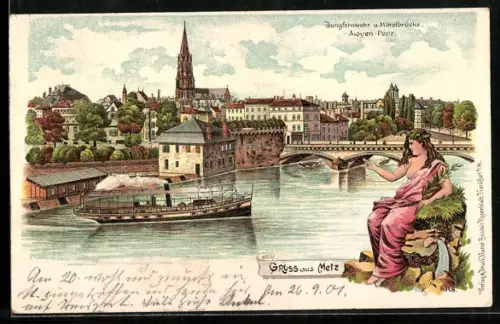 Lithographie Metz, Jungfernwehr & Mittelbrücke Aioyen-Port