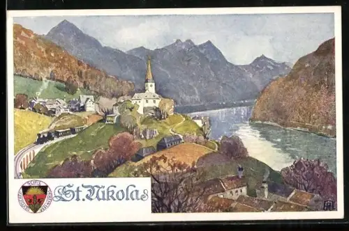 Künstler-AK Deutscher Schulverein Nr. 285: Zug auf der Fahrt durch St. Nikolas