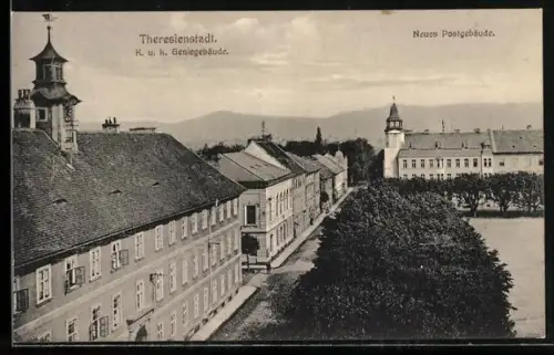 AK Theresienstadt / Terezin, Blick auf K. u. k. Geniegebäude und neues Postgebäude