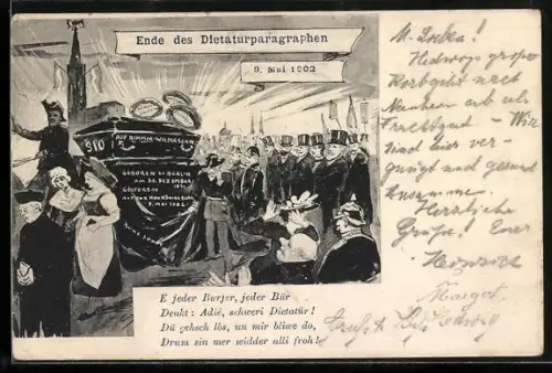 AK Ende des Diktatur-Paragraphen, 9. Mai 1902, § 10, Geboren in Berlin am 30.12.1871