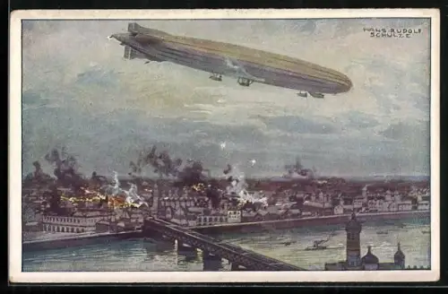 Künstler-AK Hans Rudolf Schulze: Warschau, Luftschiff Schütte-Lanz bombardiert den Ort