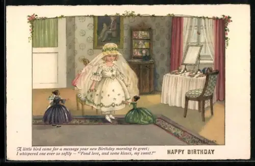 Künstler-AK Pauli Ebner: junges Mädchen im Kleid spielt mit ihren Puppen