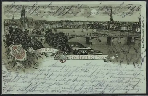Mondschein-AK Frankfurt a. M., Stadtansicht mit Brücken über den Main