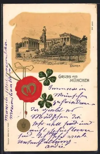 Präge-Lithographie München, Bavaria vor der Ruhmeshalle, Klee im Passepartout