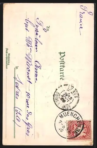 Präge-Lithographie München, Bavaria vor der Ruhmeshalle, Klee im Passepartout