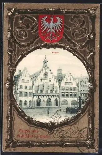 Lithographie Alt-Frankfurt, Römer, Wappen, Passepartout