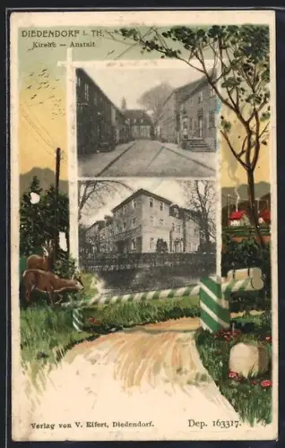 Lithographie Dietendorf / Thür, Kirche, Anstalt, Rehe an einer Schranke, Passepartout